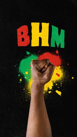 Photo for Poster. Contemporary art collage. Modern creative artwork. African-American hand in fist against red-yellow-green blots and letters BHM. Concept of black history month, civil rights, culture. Ad - Royalty Free Image