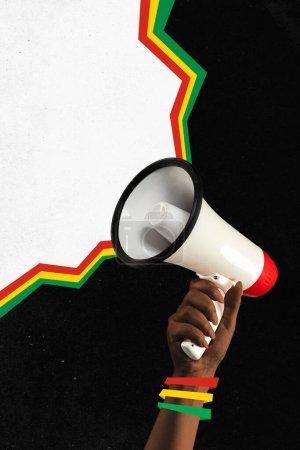 Photo for Poster. Contemporary art collage. Modern creative artwork. One female African-American hand holds loudspeaker. Concept of black history month, civil rights, culture. Copy space for ad or text. - Royalty Free Image