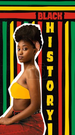 Photo for Poster. Contemporary art collage. Creative artwork. Gorgeous African-American woman sitting against colorful background with inscription. Concept of black history month, civil rights, culture. - Royalty Free Image