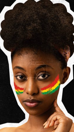 Photo for Poster. Contemporary art collage. Modern creative artwork. Close up portrait of African- American woman with colorful swatches on cheeks. Concept of black history month, civil rights, culture. ad. - Royalty Free Image