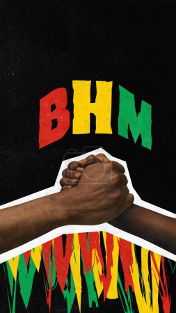 Photo for Poster. Contemporary art collage. Modern creative artwork. Black history month. African-American hands holding each other in unity. Concept of black history month, civil rights, culture. Copy space. - Royalty Free Image