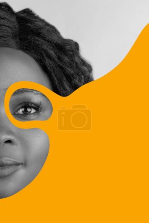 Photo for Poster. Contemporary art collage. Monochrome half-face portrait of young African-American woman with creative painting surround eye. Concept of Black History Month, civil rights, culture. Ad - Royalty Free Image