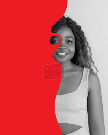 Photo for Poster. Contemporary art collage. Monochrome portrait of young African-American lady with creative red vivid painting with free space. Concept of Black History Month, civil rights, culture. Ad - Royalty Free Image