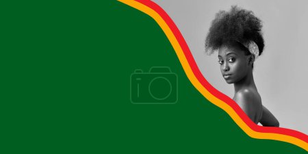 Photo for Poster. Contemporary art collage. Modern creative artwork. Black and white portrait of attractive African-American girl with colorful free space for ad. Concept of Black History Month, civil rights. - Royalty Free Image