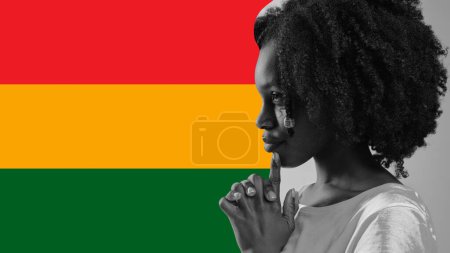 Photo for Poster. Contemporary art collage. Black and white profile portrait of young African-American woman with flag background. Concept of Black History Month, civil rights, culture, liberty. Ad - Royalty Free Image