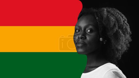Photo for Poster. Contemporary art collage. Black and white profile portrait of young African-American woman looking at camera with flag background. Concept of Black History Month, civil rights, culture. Ad - Royalty Free Image