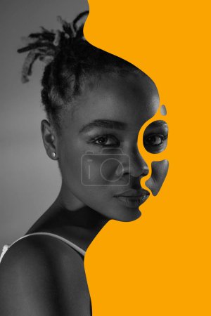 Photo for Poster. Contemporary art collage. Monochrome portrait of African-African woman with abstract kohl-lined orange paint eyes. Concept of Black History Month, civil rights, culture, freedom and liberty. - Royalty Free Image