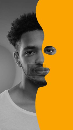 Photo for Poster. Contemporary art collage. Monochrome portrait of African-African man with abstract kohl-lined orange paint eyes. Concept of Black History Month, civil rights, culture, freedom and liberty. - Royalty Free Image