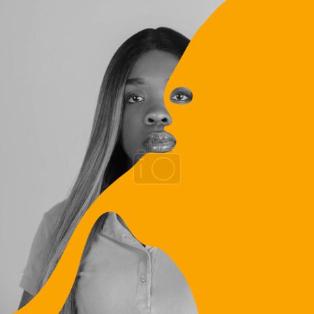 Photo for Poster. Contemporary art collage. Black-white profile portrait of confident African-American woman with highlighted with abstract orange painted face Concept of Black History Month, civil rights. Ad - Royalty Free Image