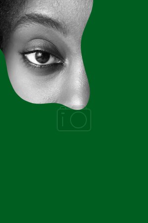 Photo for Poster. Contemporary art collage. Cropped monochrome portrait of young African-American female eye abstractly selected by boldly green paint. Concept of Black History Month, civil rights, culture. Ad - Royalty Free Image