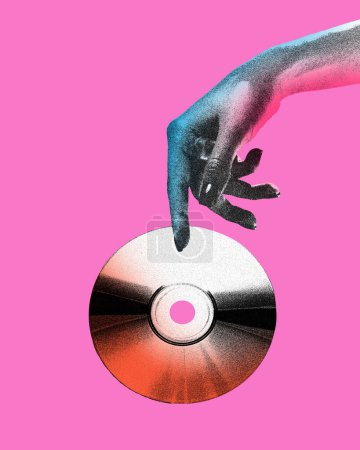 Photo for Poster. Contemporary art collage. Modern creative artwork. Female hand holding vintage disk for recording in old paper style isolated pink background. Concept of youth culture, retro, technology. - Royalty Free Image