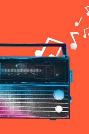 Photo for Poster. Contemporary art collage. Modern creative artwork. Vintage radio station isolated orange background with painted musical notes. Image in old paper style. Concept of youth culture, technology. - Royalty Free Image
