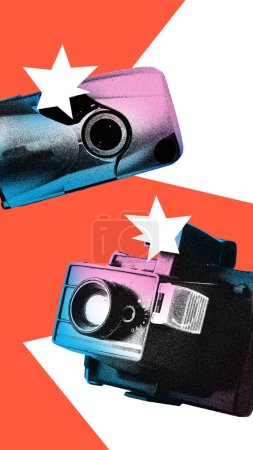 Photo for Poster. Contemporary art collage. Modern creative artwork. Vintage photo camera, flash camera isolated orange background. Image in old paper style. Concept of youth culture, retro, technology. - Royalty Free Image