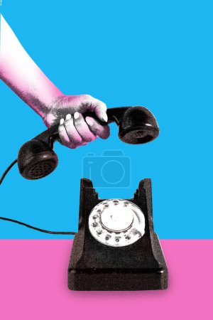 Photo for Poster. Contemporary art collage. Modern creative artwork. One hand pick up vintage phone isolated blue-pink background. Image in old paper style. Concept of youth culture, retro, technology. - Royalty Free Image