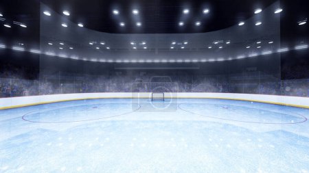 Téléchargez les photos : Stade de hockey sur glace, terrain avec projecteurs. Vue depuis les portes de la patinoire vide, arène de sport avec éclairage intérieur. 3D rendu arrière-plan illustration. Concept de sports d'équipe, mode de vie actif. Publicité - en image libre de droit