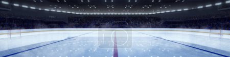 Horizontale Luftaufnahme des Eishockeystadions mit Scheinwerfern und überfüllten Tribünen, auf denen Fans vor dem Meisterschaftsspiel warten. 3D-Renderillustration Hintergrund. Konzept des Sports, Skating
