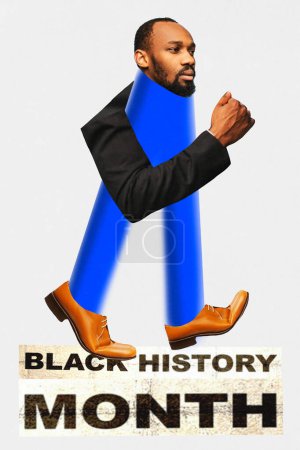 Photo for Poster. Contemporary art collage. Young African American man with long neon colored legs stands on inscription of annual celebration against white background. Concept of black history month, culture - Royalty Free Image