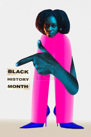 Photo for Poster. Contemporary art collage. Beautiful African-American woman pointing to text, inscription of annual celebration against white background. Concept of black history month, civil rights, culture - Royalty Free Image