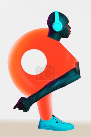 Photo for Poster. Contemporary art collage. Young African American Man listening hip-hop music and dancing in style, neon pants against white studio background. Concept of black history month, civil rights. - Royalty Free Image