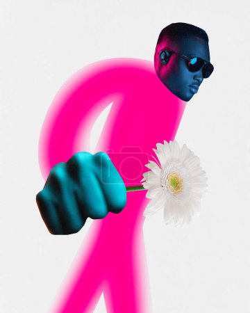 Photo for Poster. Contemporary art collage. Attractive African American man with neon pink color painted body holding flower against white studio background. Concept of black history month, civil rights. - Royalty Free Image