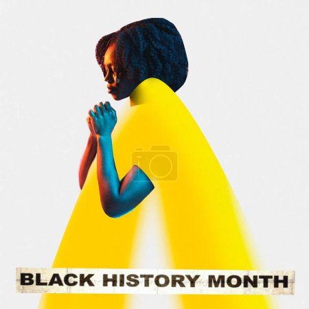 Photo for Poster. Contemporary art collage. Attractive calm woman with neon yellow painted body folded her hands against white studio background with inscription. Concept of black history month, civil rights. - Royalty Free Image