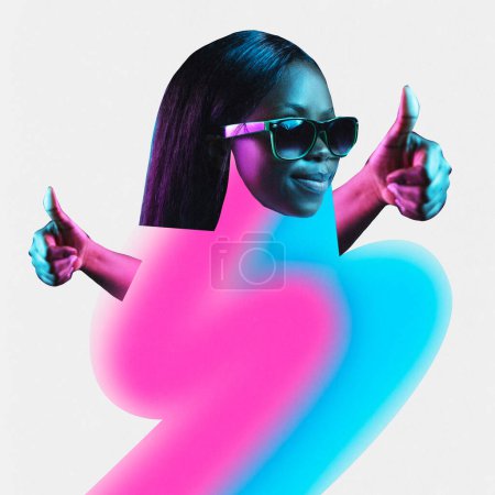 Photo for Poster. Contemporary art collage. Cool attractive African American woman in sunglasses with neon colored gradient painted body dancing. Concept of black history month, civil rights, culture, energy. - Royalty Free Image