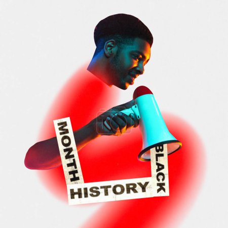 Photo for Poster. Contemporary art collage. Young attractive African American man loudly shouting to megaphone about start of annual holiday. Concept of black history month, civil rights, culture - Royalty Free Image