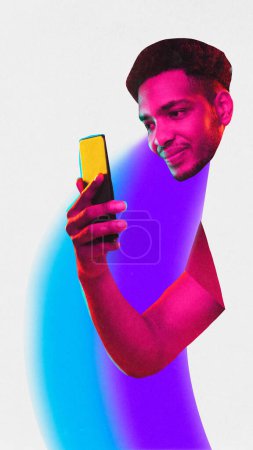 Photo for Poster. Contemporary art collage. One African American man with neon colored painted body holds smartphone against white studio background. Concept of black history month, civil rights, culture - Royalty Free Image