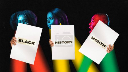 Photo for Poster. Contemporary art collage. Three heads of African-American people, women and man holds papers with name of the annual holiday. Concept of black history month, civil rights, culture, individual. - Royalty Free Image