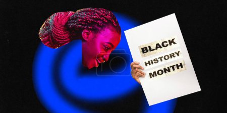 Photo for Poster. Contemporary art collage. Funny African American woman with painted neon body bends and twists into spiral and holding paper with name of the annual holiday. Concept of black history month - Royalty Free Image