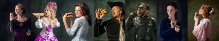 Foto de Collage hecho de personas vestidas como diferentes personas reales medievales, caballero y pirata, comiendo hamburguesas, perros calientes y comida saludable sobre fondo verde oscuro. Concepto de historia, comida chatarra y saludable - Imagen libre de derechos