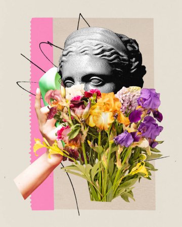 Téléchargez les photos : Collage d'art contemporain. Statue antique tient grand bouquet de fleurs et de parler avec bien-aimé sur téléphone rétro sur fond beige. Concept de comparaisons d'époques, Saint Valentin, amour, - en image libre de droit