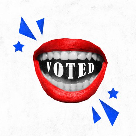 Photo for Contemporary art collage. Mouth with word voted written across lips and teeth against white background. Trendy magazine style. Concept of voting, country, world, elections. citizen participation. - Royalty Free Image