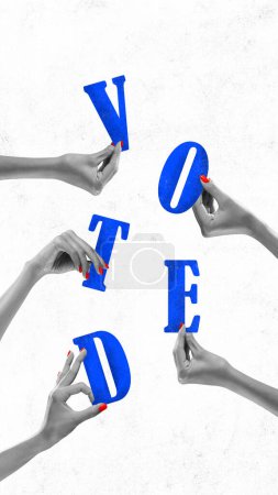 Photo for Contemporary art collage. Group of people, monochrome hands holding up blue letters that spell out the word vote. Concept of voting, country, world, elections. citizen participation. - Royalty Free Image