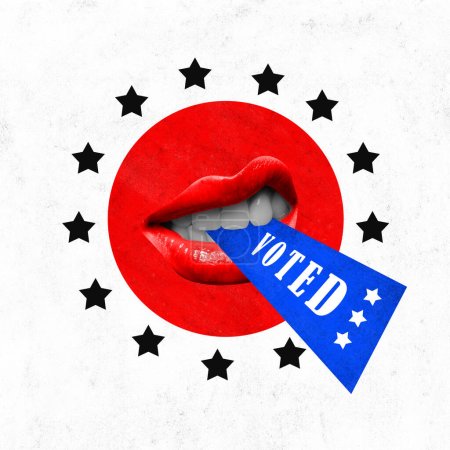 Photo for Contemporary art collage. Womans mouth with the word voted in blue letters coming out of it, surrounded by ten stars in circle. Concept of voting, country, world, elections. citizen participation. - Royalty Free Image