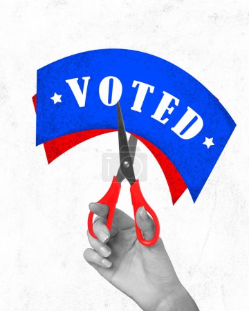 Photo for Contemporary art collage. Hand holding a pair of scissors cutting a red and blue vote sign, as symbol of democracy in country. Concept of voting, world, elections. citizen participation, political. - Royalty Free Image