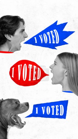 Photo for Contemporary art collage. people and one dog loudly shouting in speech bubbles that they already voted. Concept of voting, country, world, elections. citizen participation, polity, legal. - Royalty Free Image