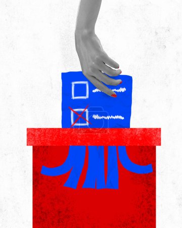 Photo for Contemporary art collage. Monochrome female hand feeding blue ballot into box for vote as paper shredder. Concept of voting, country, world, elections. citizen participation, legality of government. - Royalty Free Image