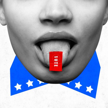 Photo for Contemporary art collage. Cropped face of responsible citizen who stuck out his tongue with red sticker with inscription voted. Concept of voting, country, world, elections. citizen participation. - Royalty Free Image
