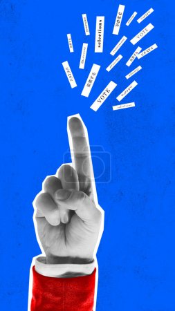 Photo for Contemporary art collage. Monochrome hand pointing to world vote in different languages against blue background. Concept of voting, country, world, elections. citizen participation. - Royalty Free Image