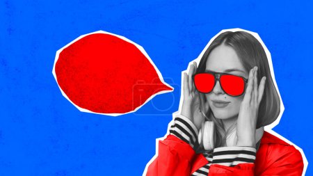 Photo for Contemporary art collage. Woman in red sunglasses want to say something against blue background. Concept of voting, country, world, elections. citizen participation, choice, political party. - Royalty Free Image