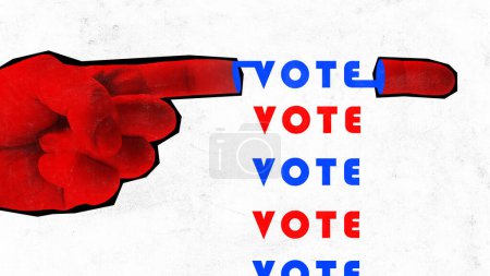 Photo for Contemporary art collage. Empowerment and action. Importance of voting process. Red hand with cutting finger and inscription vote. Concept of voting, country, world, elections. citizen participation. - Royalty Free Image