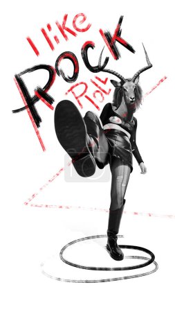 Téléchargez les photos : Poster. Contemporary art collage. Gazelle dressed like human in leather punk outfit against white background with inscription I like Rock-and-Roll. Concept of energy music, urban, culture, style. AD - en image libre de droit