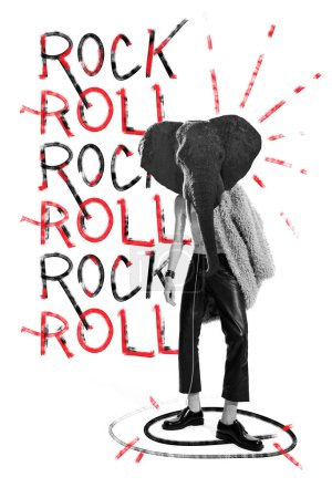 Téléchargez les photos : Poster. Contemporary art collage. Young man with elephant head posing against white background with rock, roll black and red words. Concept of energy music, urban, culture. Trendy magazine style. - en image libre de droit