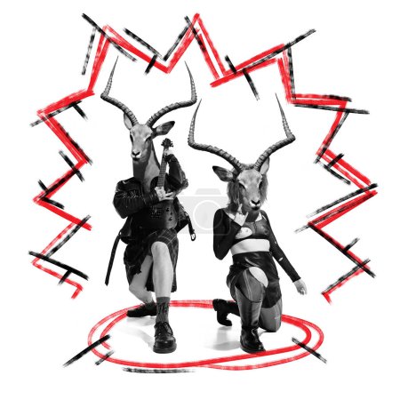 Téléchargez les photos : Poster. Contemporary art collage. Man and woman with antelope heads kneeling before each other in punk-rock style outfits. Concept of energy music, urban, culture. Trendy magazine style. - en image libre de droit