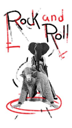 Téléchargez les photos : Poster. Contemporary art collection. Surreal and humorous. People with elephant and sheep heads dancing crazily with rock and roll music. Concept of energy music, urban, culture. Trendy magazine style - en image libre de droit