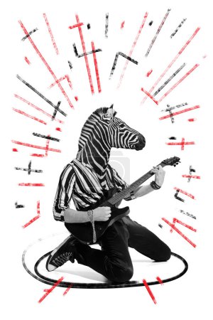 Téléchargez les photos : Poster. Contemporary art collage. Young guy with zebra head, who enjoys playing guitar while composing dynamic rock and roll music. Concept of energy music, urban, culture. Trendy magazine style. - en image libre de droit