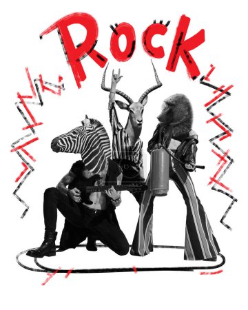 Téléchargez les photos : Poster. Contemporary art collage. Modern rock band of black and white people with heads of wild animals who love hard rock and compose it. Concept of energy music, culture. Trendy magazine style. - en image libre de droit