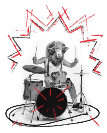 Téléchargez les photos : Poster. Contemporary art collage. Black and white talented musician, guy with head of sheep energetic playing drums against background with drawings. Concept of energy music, urban, culture. - en image libre de droit