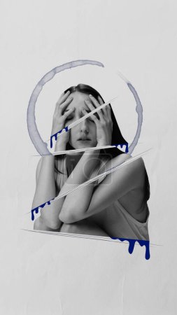 Photo for Contemporary art collage. Young girl crying, falling apart from grief and bad feelings symbolizing crisis, apathy, confusion. Concept of melancholy, depression, mental health, psychology. Ad - Royalty Free Image